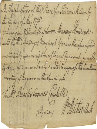 Item #BK0007 1795 Maryland Constable Appointment Directing Him to &ldquo;Suppress the Tumultuous...