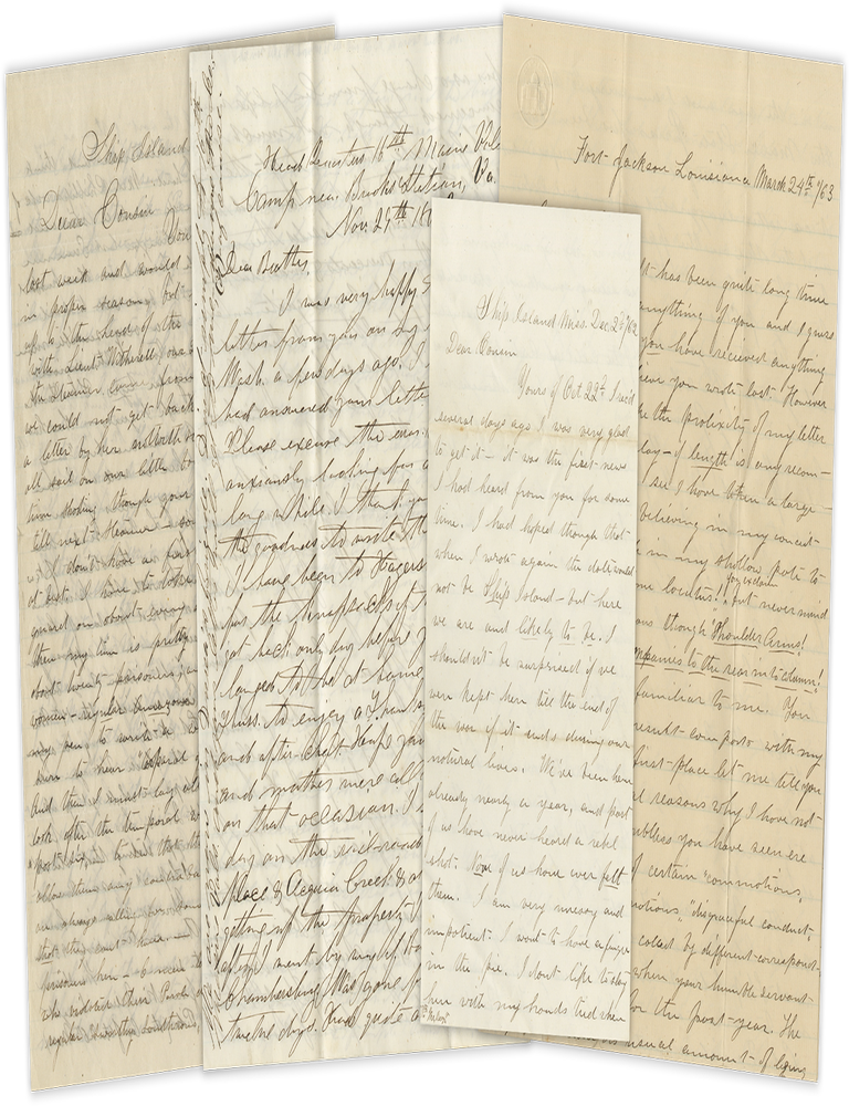 Item #BK0020 Collection of Civil War Letters Mainly from Almon Varney of the 13th Maine Volunteers, Discussing Guarding Prisoners, Conflicts with African American Soldiers Who Cannot &ldquo;be made my superior or even equal by virtue of legislation&rdquo;, and the &ldquo;inglorious idleness&rdquo; of War. Civil War &ndash; Ship Island &ndash; Northern Racism, Almon L. Varney, Elma L. Varney, &ldquo;Dan&rdquo;.