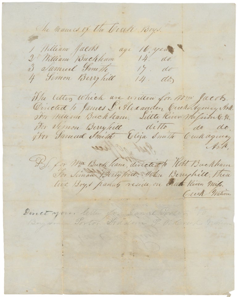 Item #CAT0126 Manuscript Document with Postal Instructions for “Creek Boys” in Indian Territory. Edward T. Peery, Shawnee Manual Labor School.