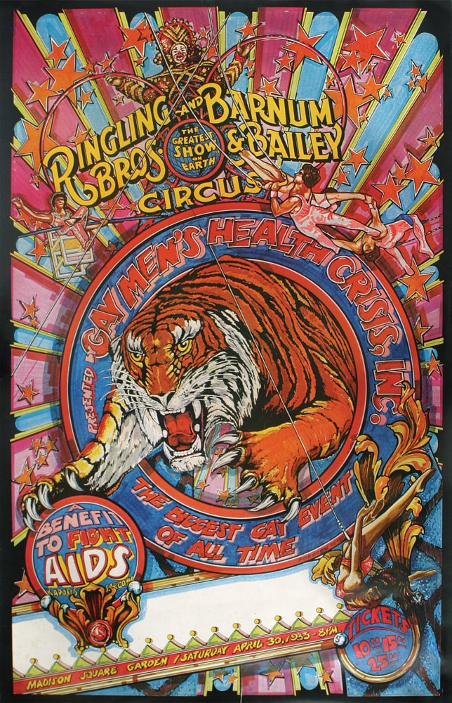 Item #CAT0129b Poster for Ringling Brothers and Barnum and Bailey’s Circus AIDS Benefit, Madison Square Garden, April, 1983. AIDS Epidemic, Inc Gay Men’s Health Crisis, Enno Poersch.