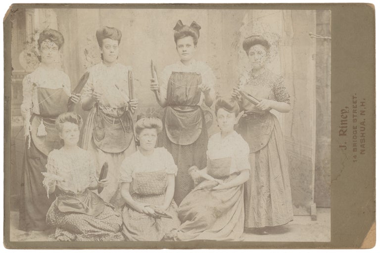 Item #CAT0166 Cabinet Card Portrait of a Group of Female Mill Workers in Nashua, N.H. c. 1880-1890. Labor, J. Riley, Photographer, Women, New Hampshire.