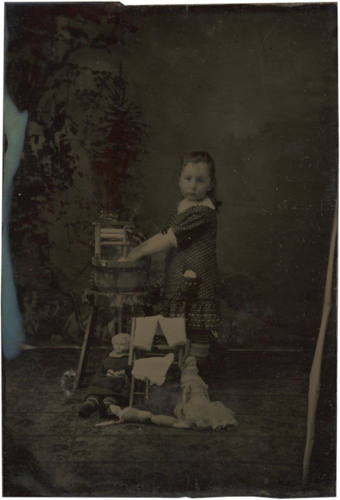 Item #CAT0177 Sixth Plate Tintype of a Little Girl Bathing her Toy Dolls. Photography - 19th Century, Vernacular.