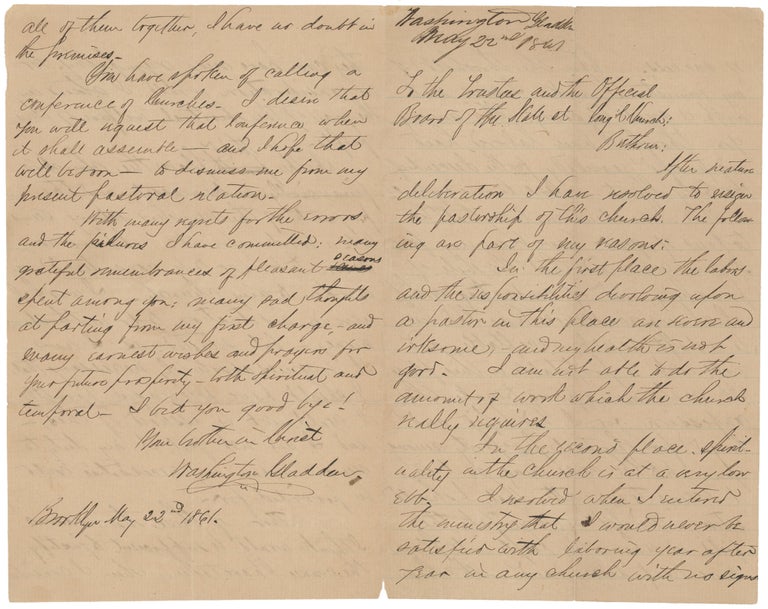 Item #CAt0180 May 22, 1881. Autograph Letter to the Board of the State Street Church, Explaining the Reasons for his Resignation, 1861. Religion - Social Gospel Movement, Washington Gladden.