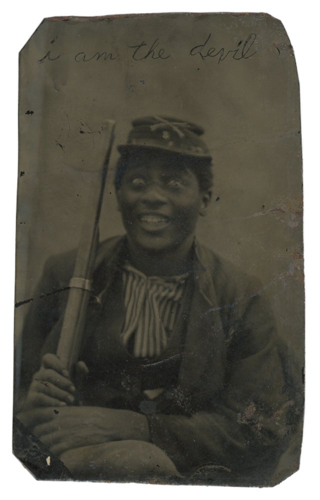 Item #List1404 Portrait of an African-American Union Soldier with a Playful Expression, with the Caption “I Am The Devil” Etched into Upper Margin. African-Americana - Civil War, Photographer Unknown.