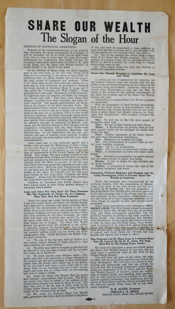 Item #List1520 Share Our Wealth / The Slogan of the Hour. [Broadside]. Political Movements - Share Our Wealth Movement, O. K. Allen, Gerald Smith, Share Our Wealth Society.