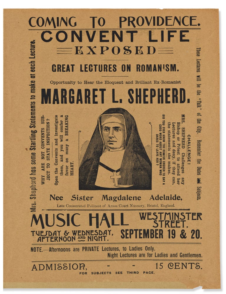 Item #List1632 Coming to Providence: Convent Life Exposed, Great Lectures on Romanism. Religion - Anti-Catholicism, Margaret Shepherd.