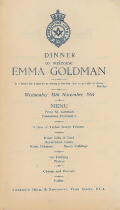 Item #List1635 Program for Dinner to Welcome Emma Goldman, Wednesday, November 24, 1924. Emma...