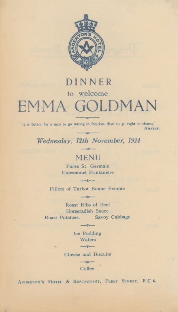 Item #List1635 Program for Dinner to Welcome Emma Goldman, Wednesday, November 24, 1924. Emma Goldman.