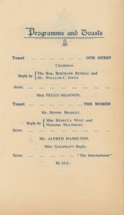 Program for Dinner to Welcome Emma Goldman, Wednesday, November 24, 1924.