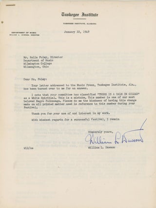 Portrait of William L. Dawson, with Accompanying Correspondence Between Dawson and Rolla Foley, Musical Director at Wilmington College, Ohio.