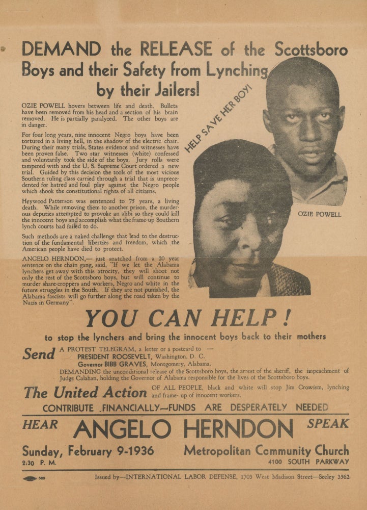 Item #List1804 Demand the Release of the Scottsboro Boys and their Safety from Lynching by their Jailers. [with] Unemployed Concession Ticket. African-Americana - Civil Rights - Scottsboro Boys, Angelo Herndon.