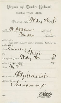 Item #List1934B Receipt for Special Ticket Issued to Chinese Men for Passage from Carson to...