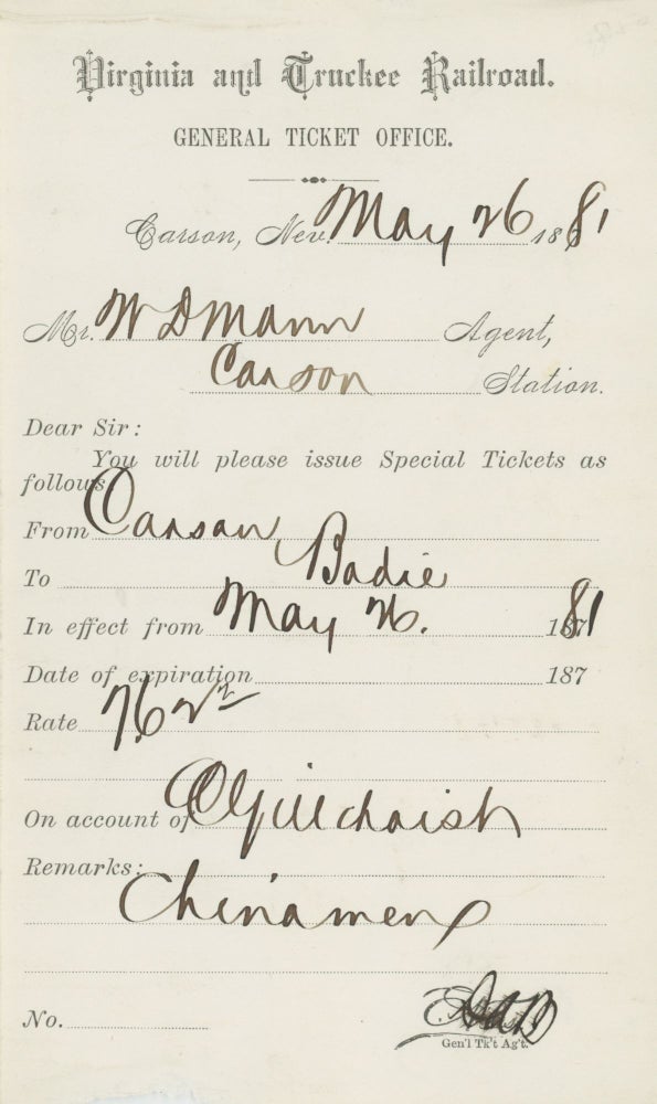 Item #List1934B Receipt for Special Ticket Issued to Chinese Men for Passage from Carson to Badie, 1871. Chinese-Americans - Nevada - 19th Century, Virginia, Truckee Railroad.