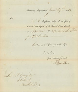 Item #List2023 Signed Treasury Receipt addressed to Samuel Gerry, Collector at Marblehead, 1793....