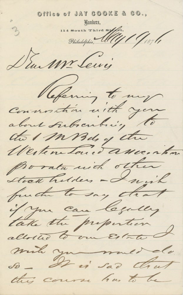Item #List2024 A Candid Letter from Jay Cooke to his Trustee Edwin M. Lewis, Directing Action Regarding Shares of the Western Land Association, 1876. Finance, Jay Cooke.