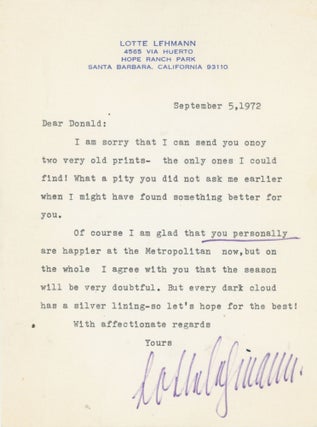 Collection of Letters from Lotte Lehmann to Donald Mahler Regarding Life and Music and Reflecting on her Career, 1966-1972.