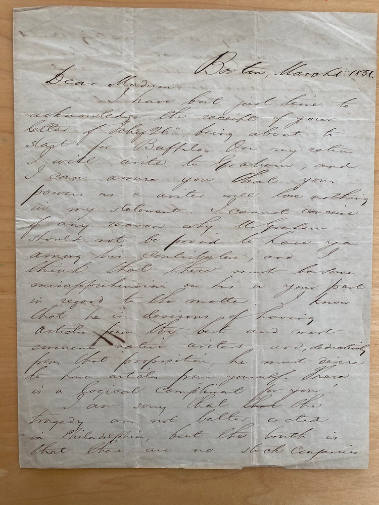 Item #List2032 Letter from Edwin Percy Whipple to Elizabeth Oakes Smith, Praising her Writing and Excoriating the State of American Theater, 1851. Nineteenth Century Literature - Literary Criticism - Feminist Authors, Edwin Percy Whipple.