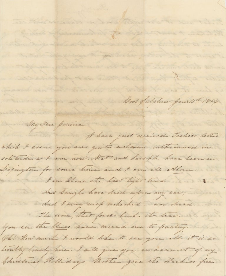 Item #List2043 Letter Describing a Lonely Holiday Spent Cooking Alone, Cool Sulphurs, Arkansas, 1854. Women - Domestic Life - Race Relations, Author Unknown.