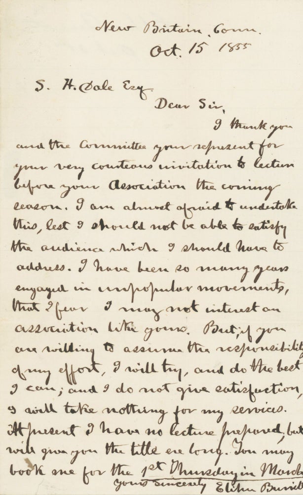 Item #List2101 Autograph Letter Signed Discussing a Speaking Engagement and Involvement in “Unpopular Movements,” 1855. Abolition - Peace Movement, Elihu Burritt.