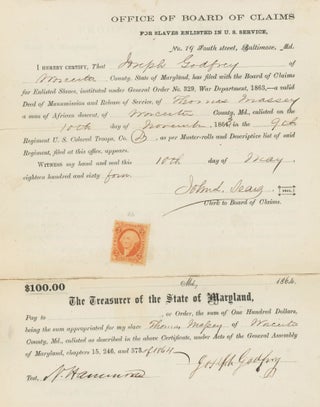 Two Partially Printed Documents by the United States Office of Board of Claims Relating to the Service of Thomas Massey, An Ex-Enslaved Soldier in the 9th Regiment of the USCT, 1864.