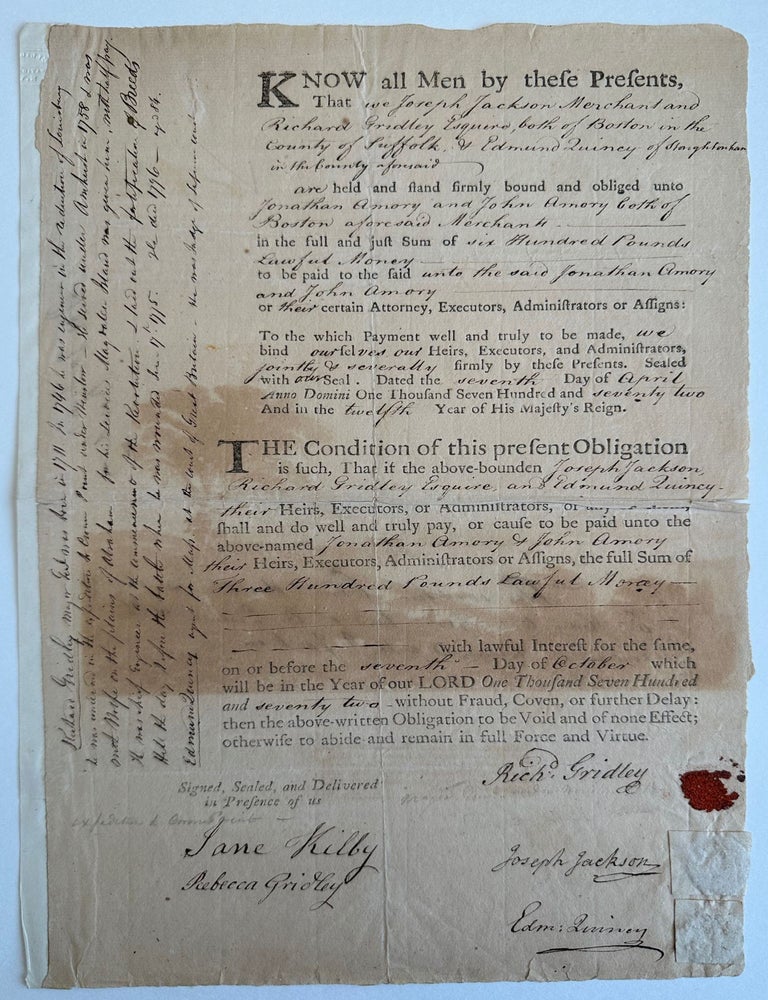 Item #List2305 Partly Printed Document Signed by Richard Gridley for a Loan of 600 Pounds to Gridley, Joseph Jackson, and Edmund Quincy, from Jonathan and John Amory, Likely for the Purchase of a Furnace, 1772. American Revolution - Engineers, Richard Gridley.