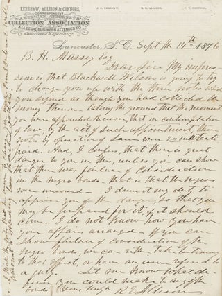 Item #List2319 A Letter from a Collections Agent Warning of Pending Collections for Negro Bonds,...