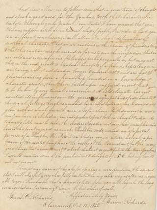 Lengthy Letter Between Two Cousins Discussing the Cold Yankee Character and the Differences Between New England and New Jersey, as Well as Current Events, 1838.