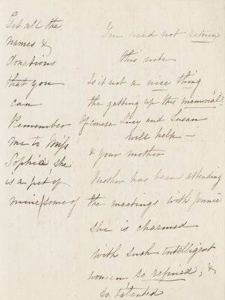 Intimate Letter on Sorosis Club Stationery to the Snow Family of Rockland, Maine Discussing a Memorial for the Cary Sisters, 1871.
