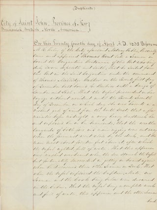 Court Duplicate of the Testimony of Thomas Kent, a Black Man Aboard the Brigantine Britannia When It Wrecked off the Coast of New Brunswick in December of 1834.
