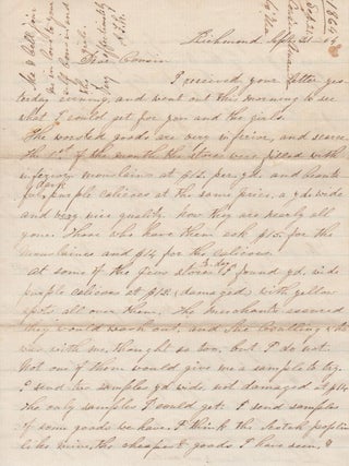 Item #List2722 A Letter from Richmond, Virginia, September 1864, Concerning Textile and Flour...