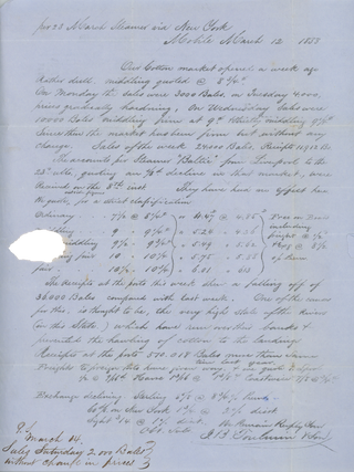 Item #List2926 1833 Letter from J. B. Toulmin & Son Reporting the State of the Cotton Market....
