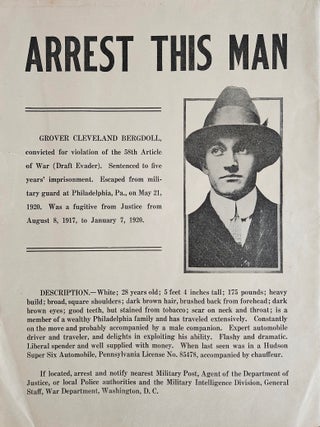 Item #List2983 Wanted Poster for Grover Cleveland Bergdoll, Who Escaped from Prison After Dodging...