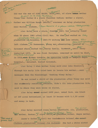Alex Haley’s Genealogical and Historical Notes on His Father’s Side of the Family, Likely for His Posthumous Novel Queen.