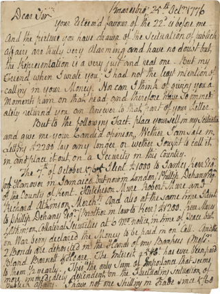 Item #List3149 1776 Letter from One Englishman to Another, Asking for Financial Advice Given...