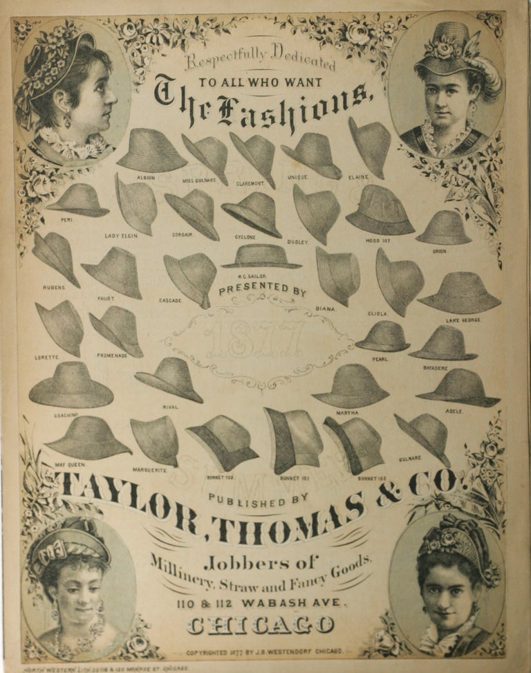 Item #List323 Respectfully Dedicated to All Who Want The Fashions. [Lithographic Advertisement for Women’s Hats Accompanying Sheet Music for J.B. Westendorf’s Come One, Come All, or, A Plea from your Milliner.]. Women, Thomas Taylor, Co, J. B. Westendorf, Co., Advertising, Fashion, Lithography.