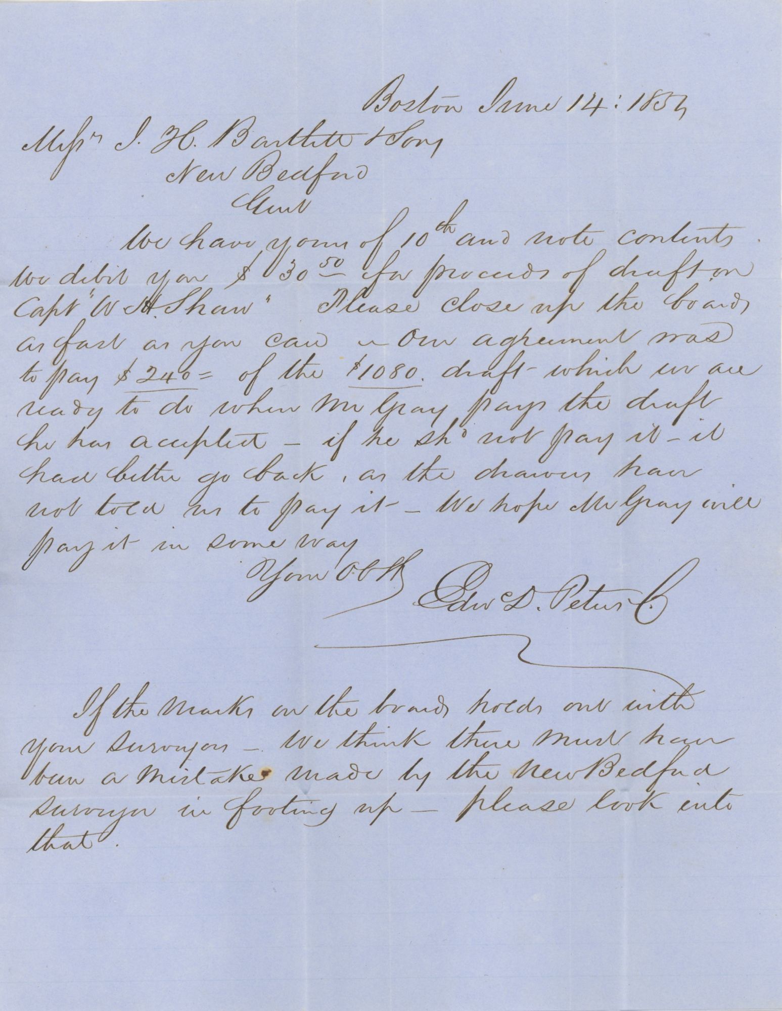 Augor Letters Collection of Letters Mainly to New Bedford, Massachusetts Whalers I.H ...