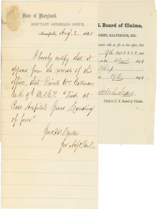 Three 1865 Documents Certifying the Death of Private William Cottman of the 9th U.S. Colored Troops.