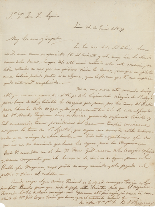 Item #List3437 1839 Letter from Chilean Founding Father Bernardo O’Higgins, Written While...
