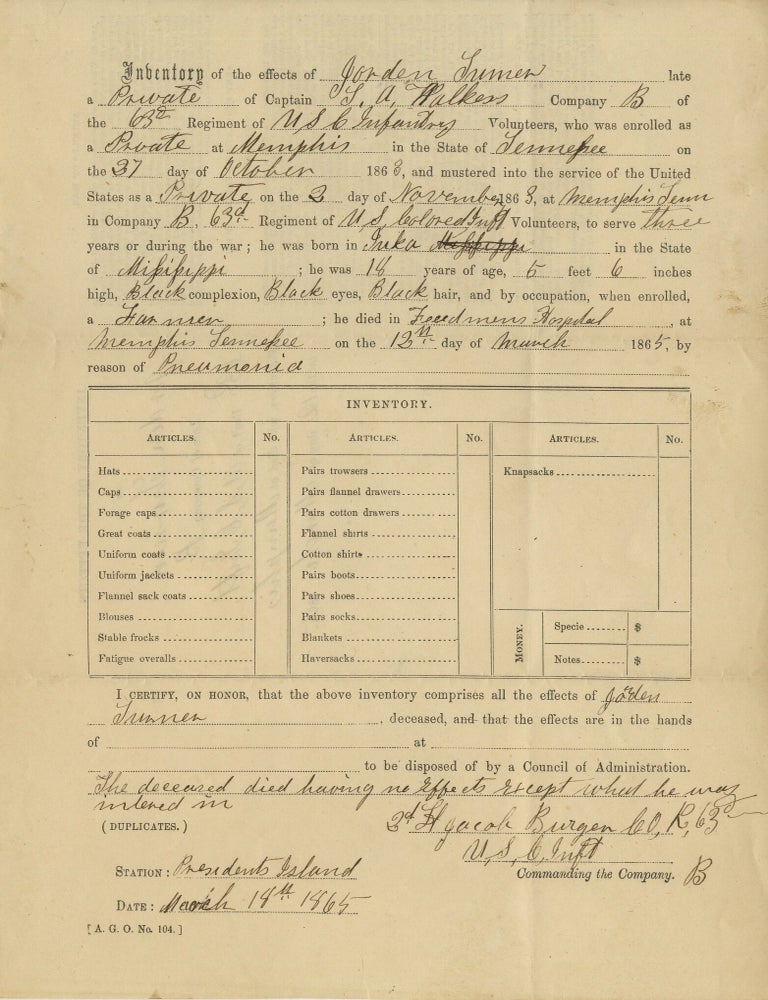 Item #List3705 Inventory of the Personal Effects of Jorden Turner, a Black Union Private in the 63rd United States Infantry, Who Died at Freedmen&rsquo;s Hospital in Memphis in March 1865. African-Americana &ndash; Civil War &ndash; United States Colored Troops &ndash; Memphis Freedmen&rsquo;s Hospital, Unknown Author.