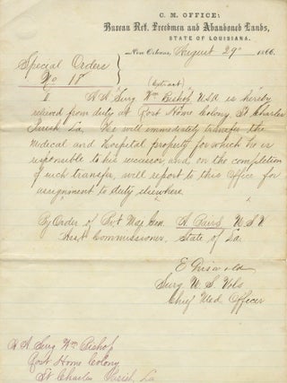 Item #List3707 Manuscript Order to Relieve Surgeon William Bishop of Duty at the Rost Home...