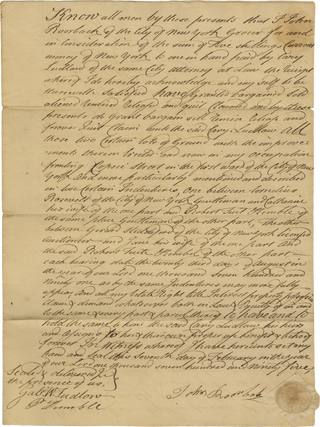 Collection of Seven 1794–1795 Legal Documents Relating to Affluent New York City Merchant Cary Ludlow’s Purchases of Lots Along State Street, with Five Later Family Legal Documents.