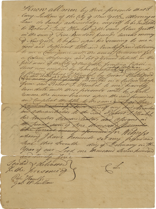 Collection of Seven 1794–1795 Legal Documents Relating to Affluent New York City Merchant Cary Ludlow’s Purchases of Lots Along State Street, with Five Later Family Legal Documents.