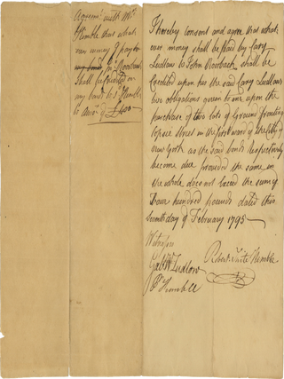 Collection of Seven 1794–1795 Legal Documents Relating to Affluent New York City Merchant Cary Ludlow’s Purchases of Lots Along State Street, with Five Later Family Legal Documents.