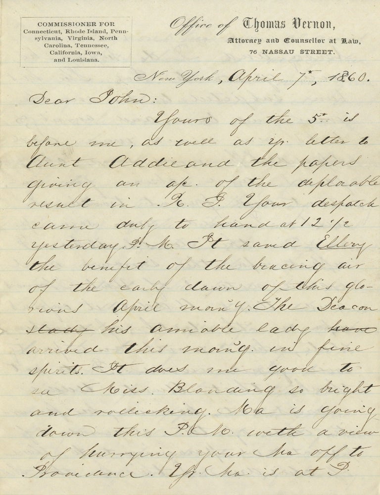 Item #List38104 1860 New York Letter on the Rhode Island Election as a Democratic Triumph and a Blow to Republican &ldquo;Non-Extension of Slavery.&rdquo;. Politics &ndash; Election of 1860, W, surname unknown.