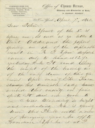 Item #List38104 1860 New York Letter on the Rhode Island Election as a Democratic Triumph and a...