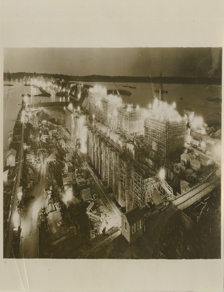 Item #List38124 1935 Aerial Night Photograph of the TVA&rsquo;s Wheeler Dam Under Construction. Water Infrastructure &ndash; Alabama &ndash; New Deal &ndash; Tennessee Valley Authority, Unknown Photographer.