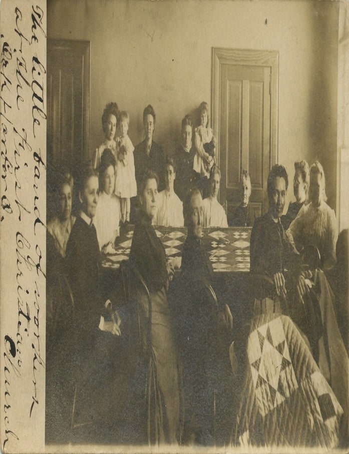 Item #List38140 Real Photo Postcard of &ldquo;The Little Band of Workers&rdquo; at First Christian Church, Oak Harbor, Ohio. Women&rsquo;s Labor &ndash; Quilting &ndash; Ohio &ndash; Church Aid Societies, Unknown Photographer.