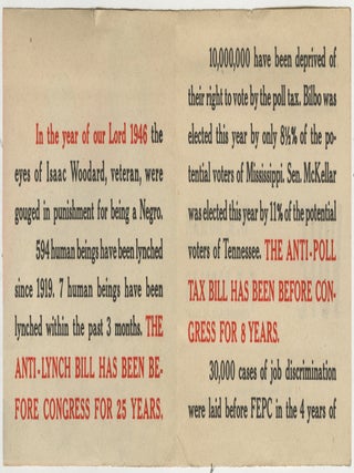 In the year of our Lord 1946 the eyes of Isaac Woodard, veteran, were gouged in punishment for being a Negro.
