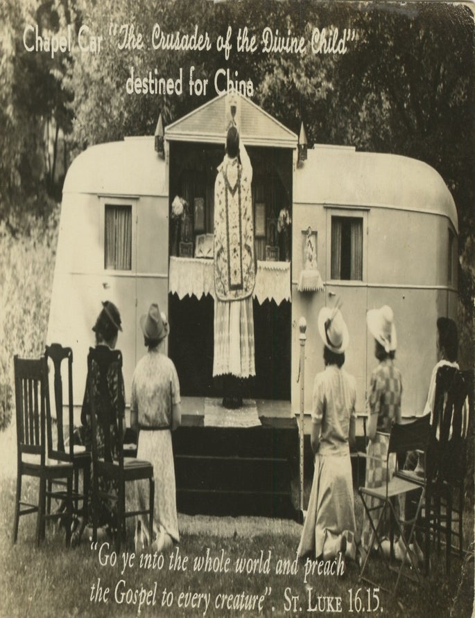 Item #List3839 Real Photo Postcard of the Chapel Car &ldquo;The Crusader of the Divine Child,&rdquo; Destined for China. Catholic Missions &ndash; China Missions &ndash; Automobile Missions, Franciscan Mission Crusade.