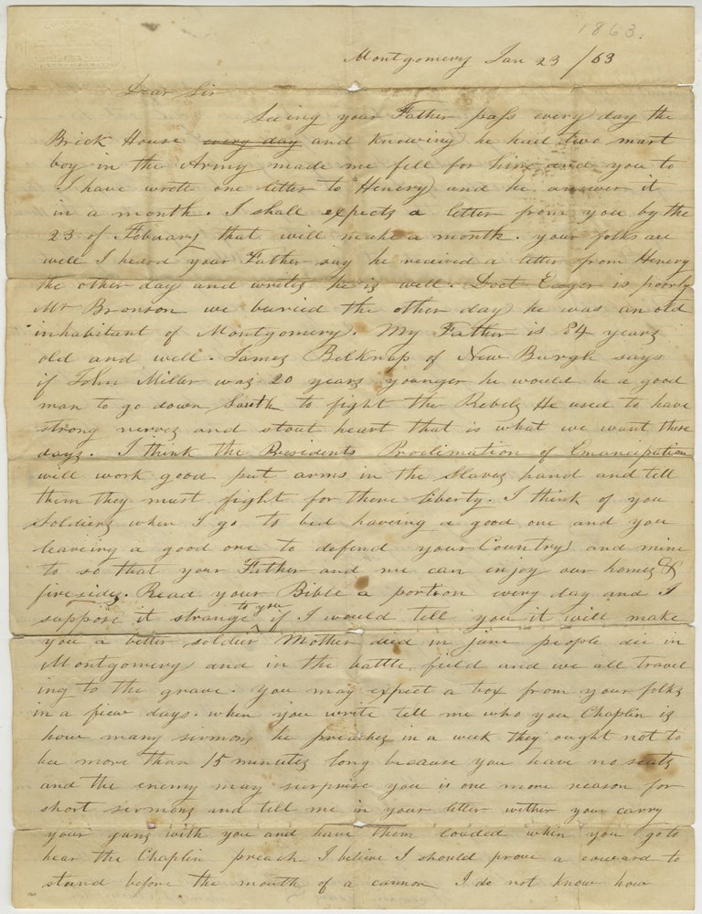 Item #List3843 January 1863 Letter from a New York Home-Front Neighbor to a Union Soldier, Supporting the Emancipation Proclamation and Arming of the Enslaved: &ldquo;Put arms in the slaves hand and tell them they must fight for there liberty.&rdquo;. Civil War &ndash; Emancipation Proclamation &ndash; African American Soldiers, James O. Miller.